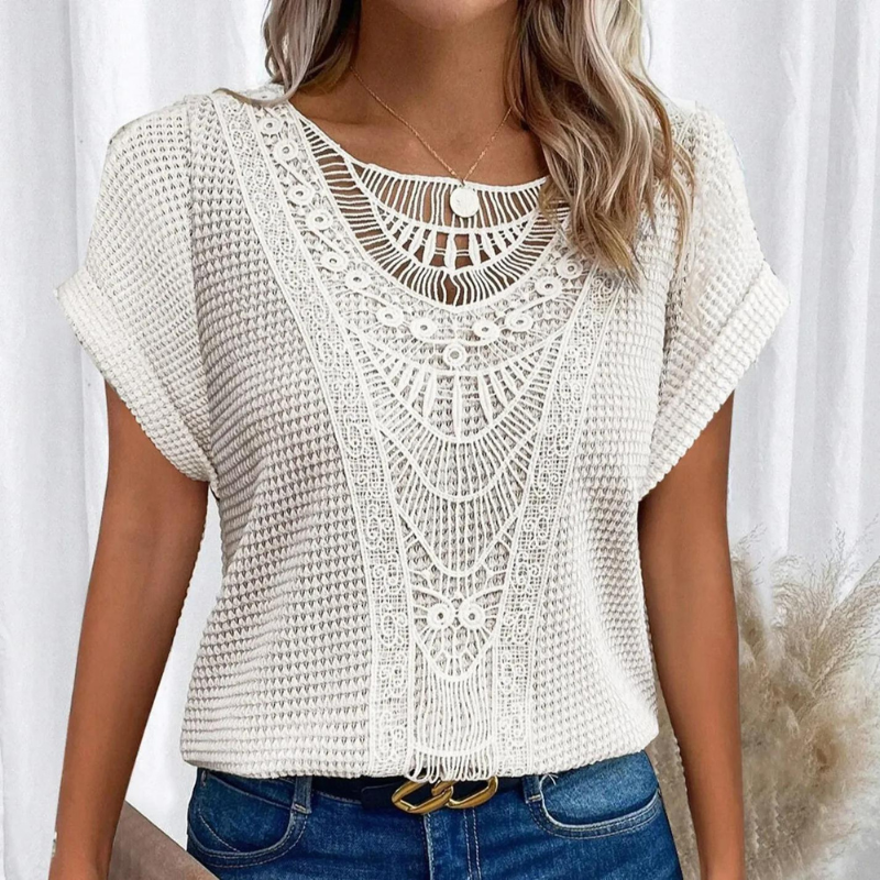 Dames Top Korte Mouw met Haakwerk Detail en Ronde Hals Wit