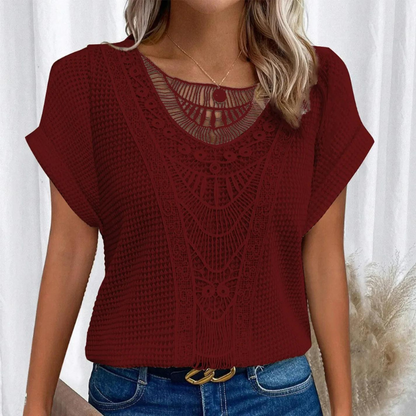 Dames Top Korte Mouw met Haakwerk Detail en Ronde Hals Rood