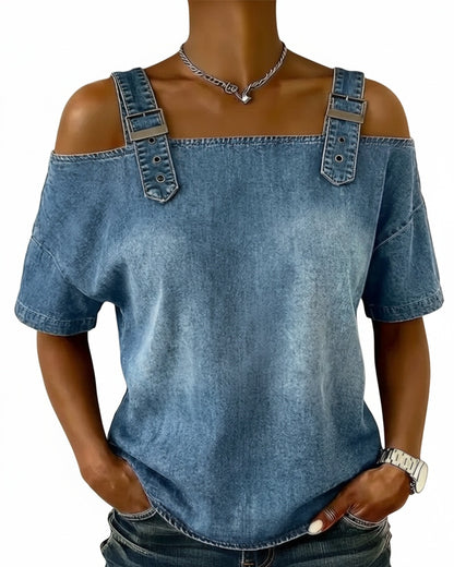 Dames Top Korte Mouw met Off-Shoulder en Denim Bandjes