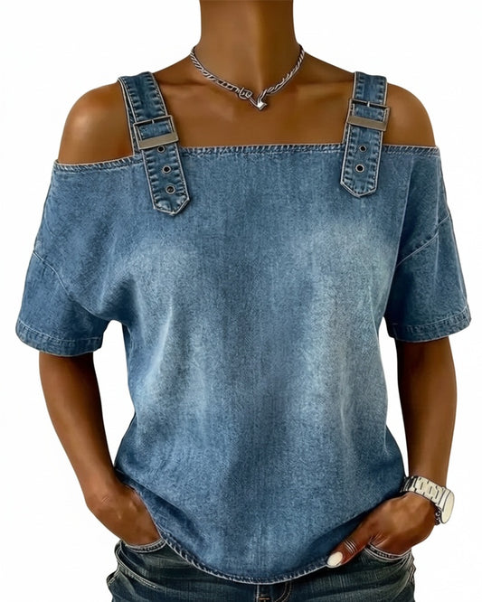 Dames Top Korte Mouw met Off-Shoulder en Denim Bandjes