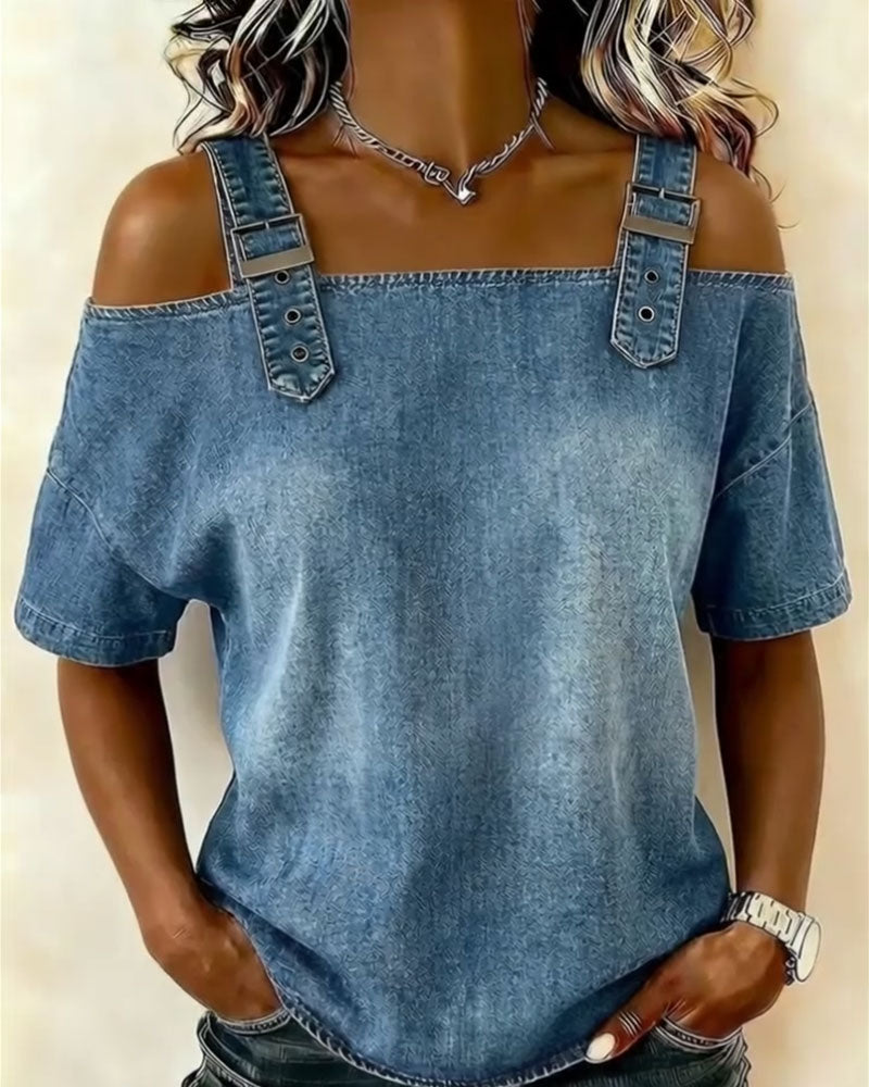 Dames Top Korte Mouw met Off-Shoulder en Denim Bandjes Blauw