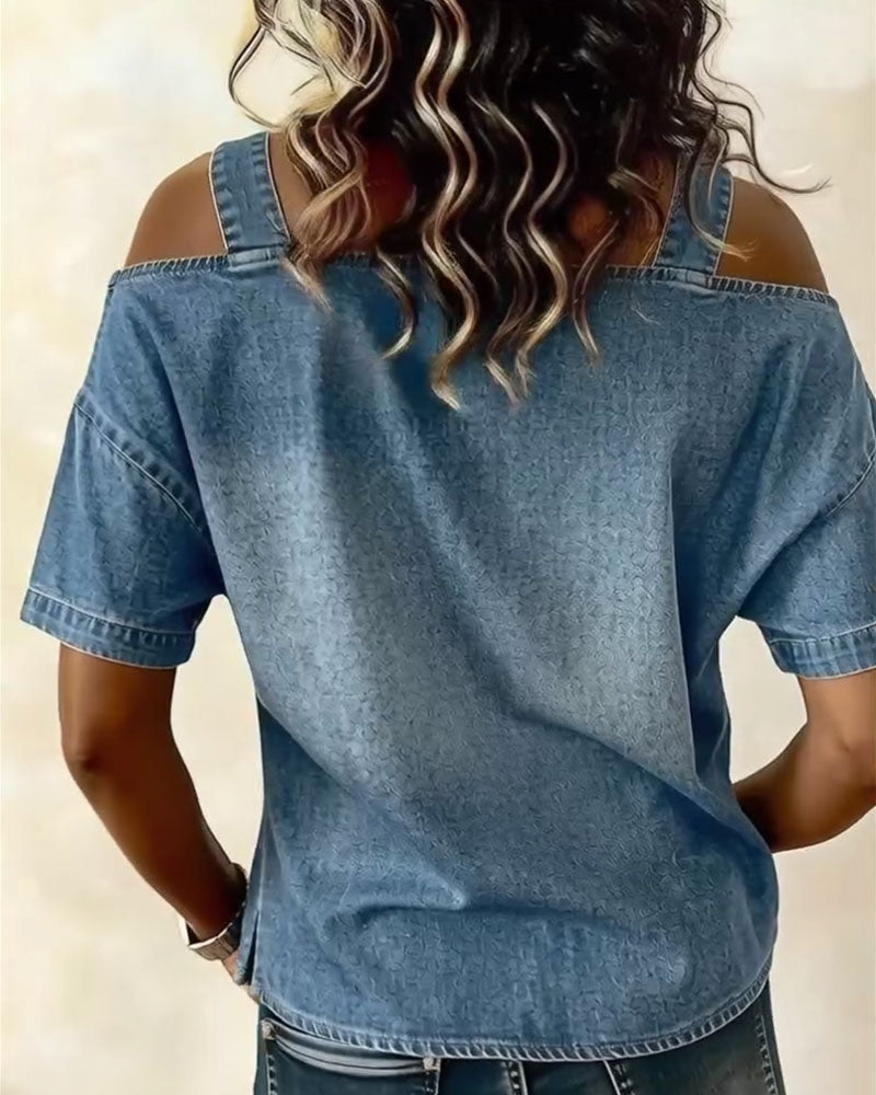 Dames Top Korte Mouw met Off-Shoulder en Denim Bandjes