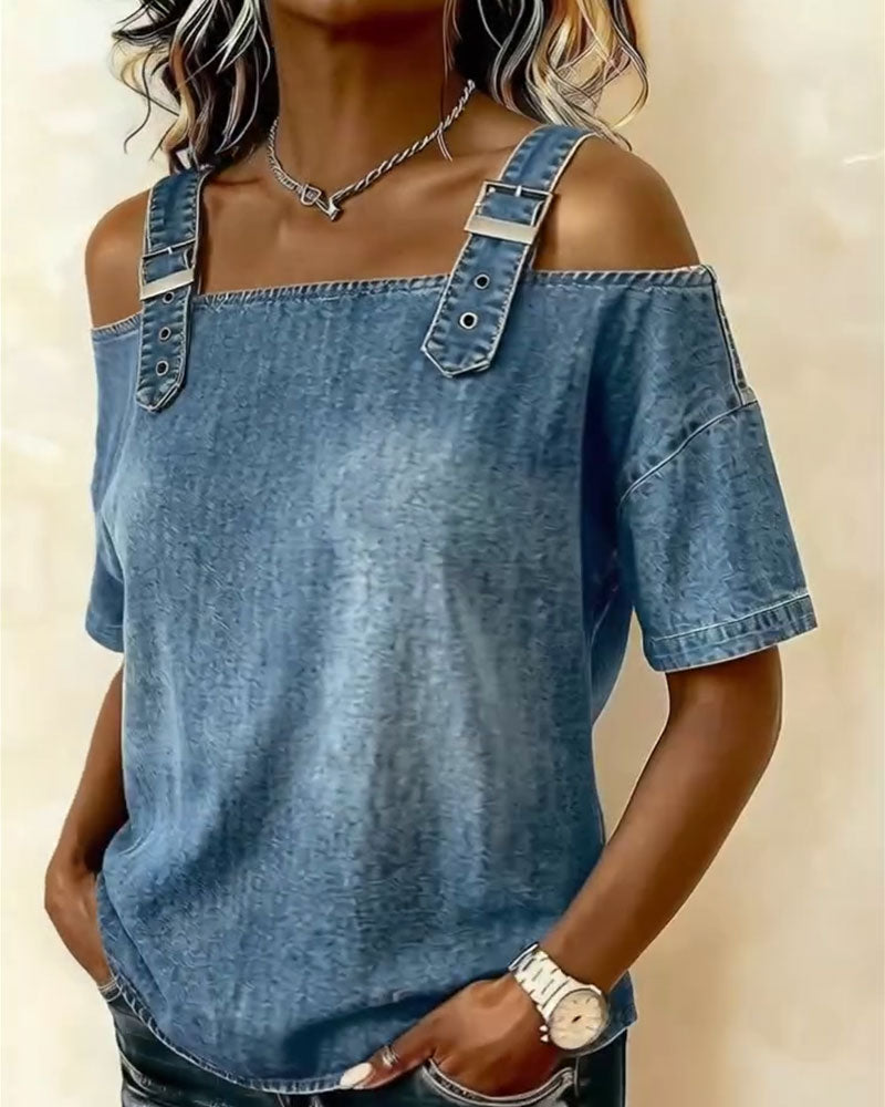 Dames Top Korte Mouw met Off-Shoulder en Denim Bandjes