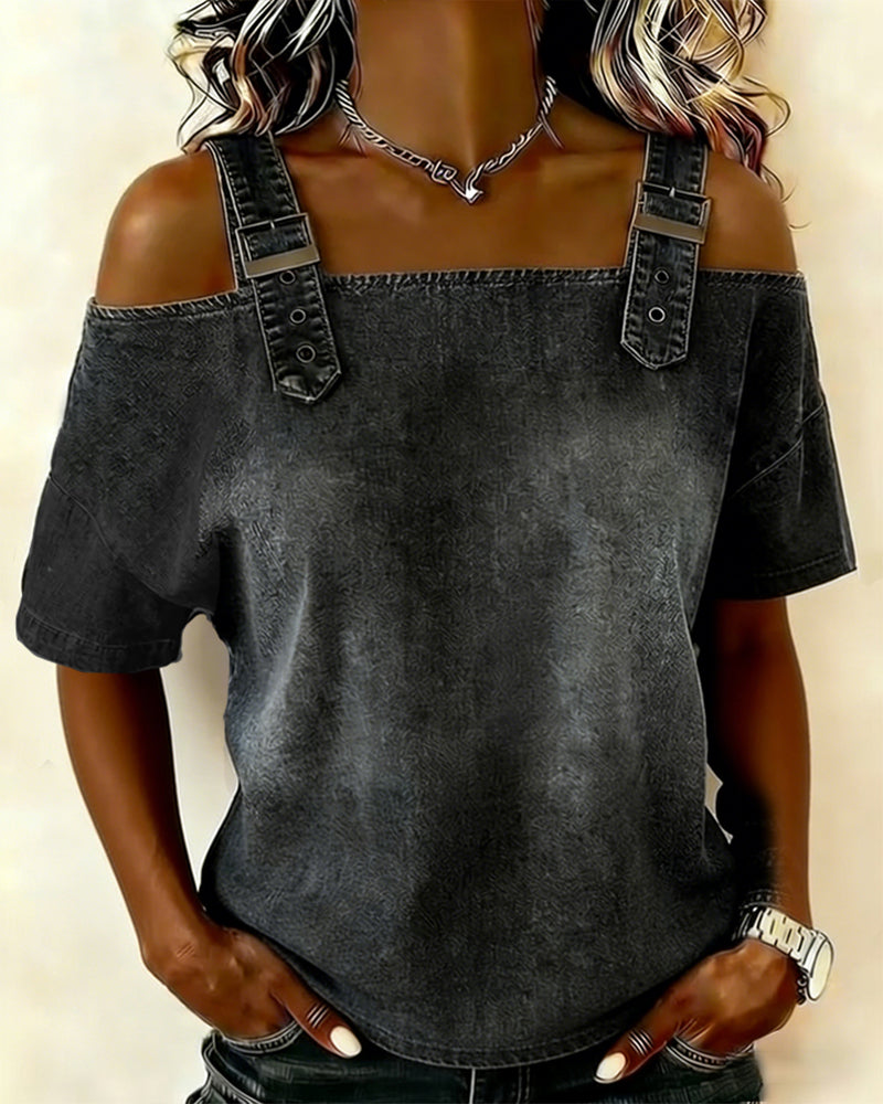Dames Top Korte Mouw met Off-Shoulder en Denim Bandjes Zwart