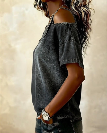 Dames Top Korte Mouw met Off-Shoulder en Denim Bandjes