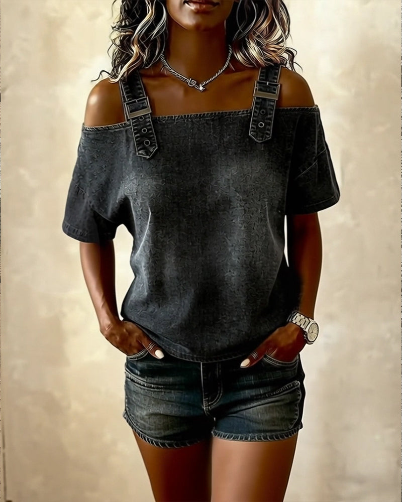 Dames Top Korte Mouw met Off-Shoulder en Denim Bandjes