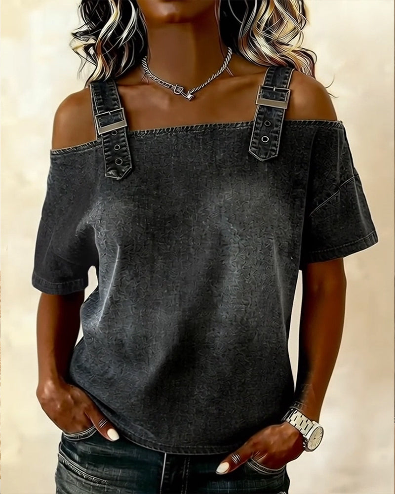 Dames Top Korte Mouw met Off-Shoulder en Denim Bandjes