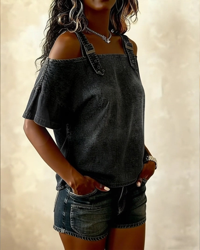 Dames Top Korte Mouw met Off-Shoulder en Denim Bandjes