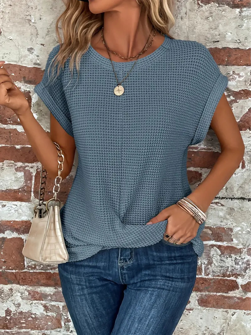 Dames Top Korte Mouw met Ronde Hals en Gedraaide Zoom Blauw