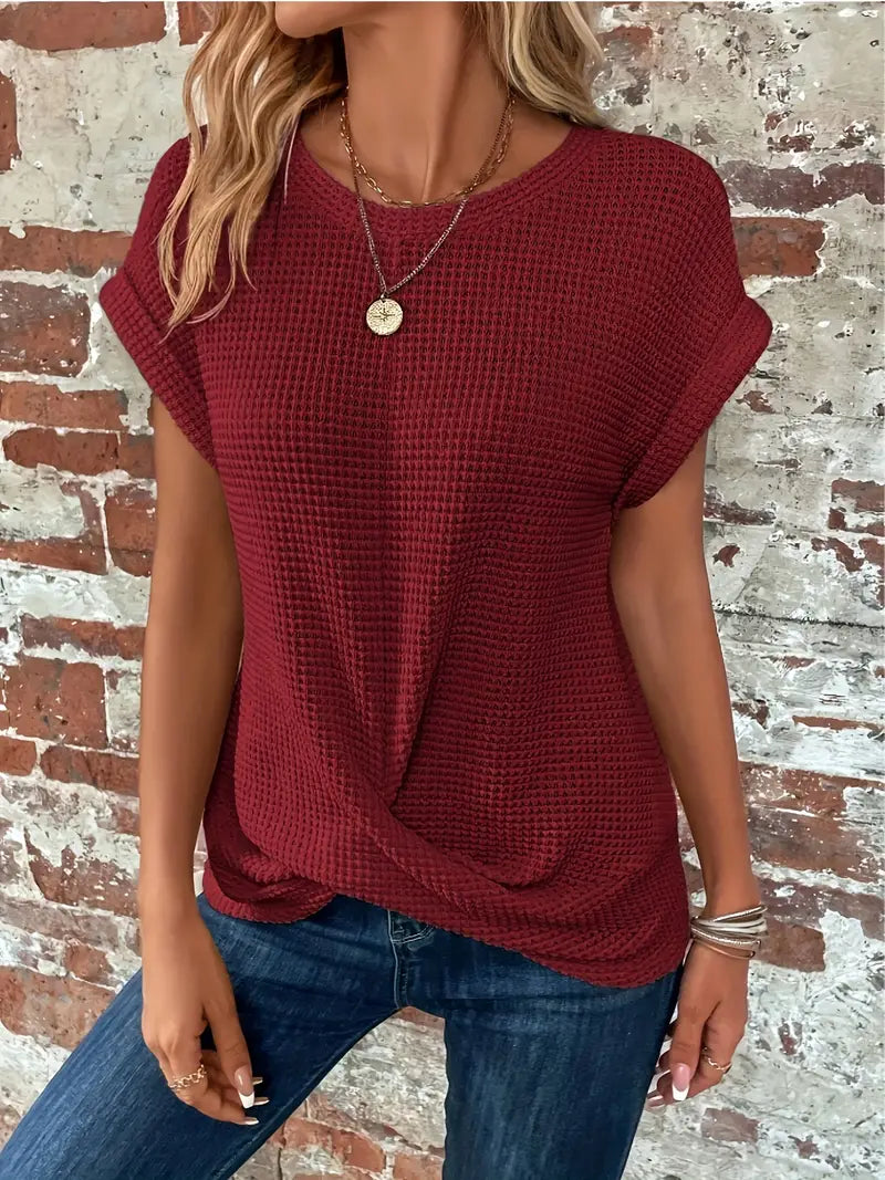 Dames Top Korte Mouw met Ronde Hals en Gedraaide Zoom Rood