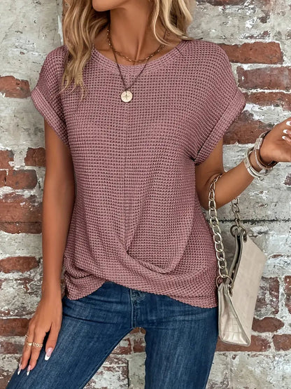 Dames Top Korte Mouw met Ronde Hals en Gedraaide Zoom Roze