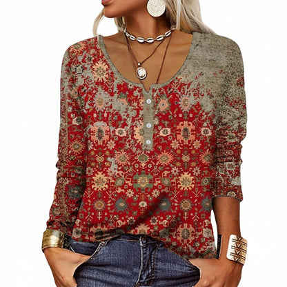 Dames Top Lange Mouw met Boho Bloemenprint en Knoopsluiting