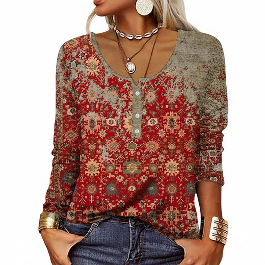 Dames Top Lange Mouw met Boho Bloemenprint en Knoopsluiting