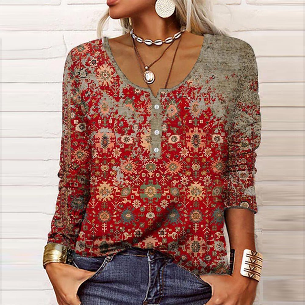 Dames Top Lange Mouw met Boho Bloemenprint en Knoopsluiting Rood Grijs