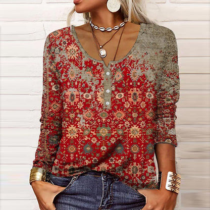 Dames Top Lange Mouw met Boho Bloemenprint en Knoopsluiting Rood Grijs