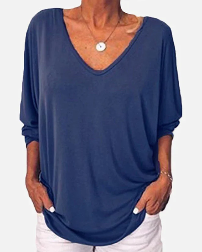 Dames Top Lange Mouw met V-hals en Knoopdetail aan de Rug Blauw