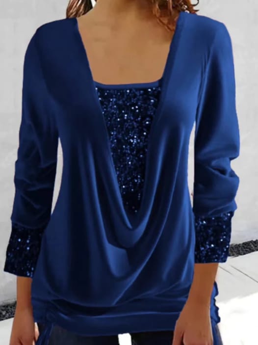 Dames Feesttop met Pailletten, Gedrapeerde Voorkant en Driekwart Mouwen Blauw