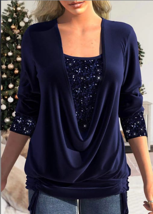 Dames Feesttop met Pailletten, Gedrapeerde Voorkant en Driekwart Mouwen Marineblauw