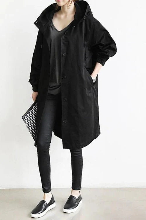 Dames Trench Coat Oversized met Capuchon en Knoopsluiting Zwart