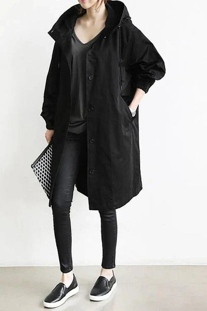Dames Trench Coat Oversized met Capuchon en Knoopsluiting Zwart