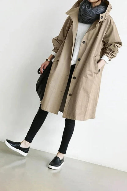 Dames Trench Coat Oversized met Capuchon en Knoopsluiting Beige