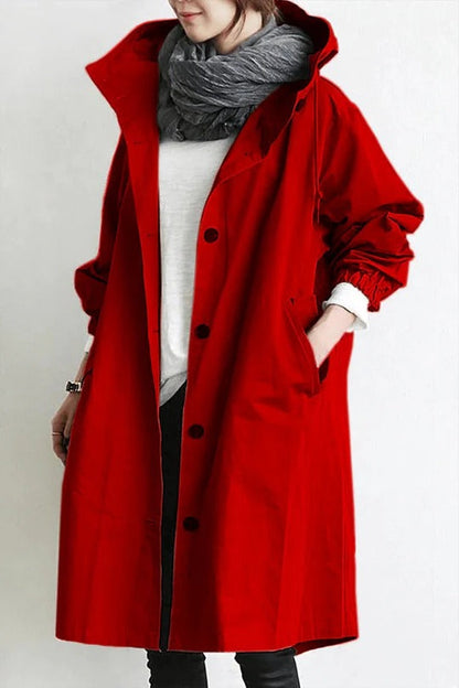 Dames Trench Coat Oversized met Capuchon en Knoopsluiting Rood