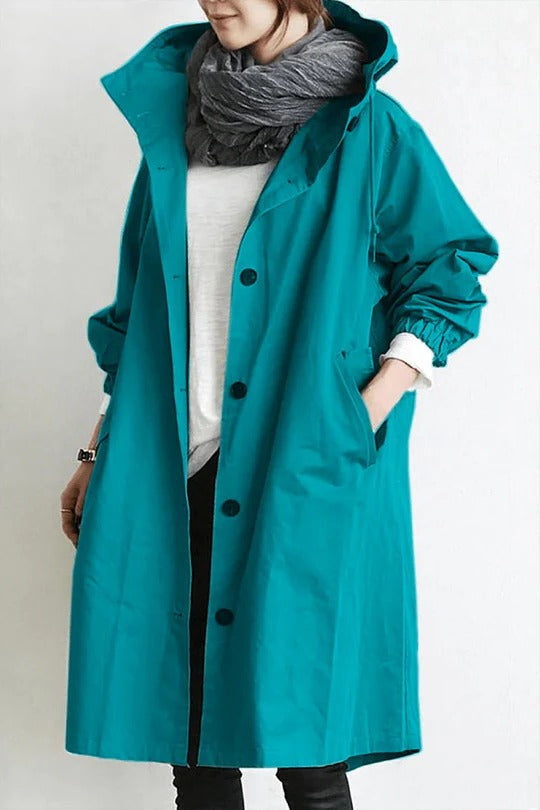 Dames Trench Coat Oversized met Capuchon en Knoopsluiting Turquoise