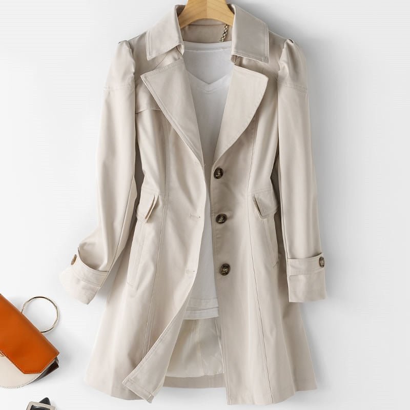 Dames Trenchcoat Halflang met Knopen en Omslagkraag Beige