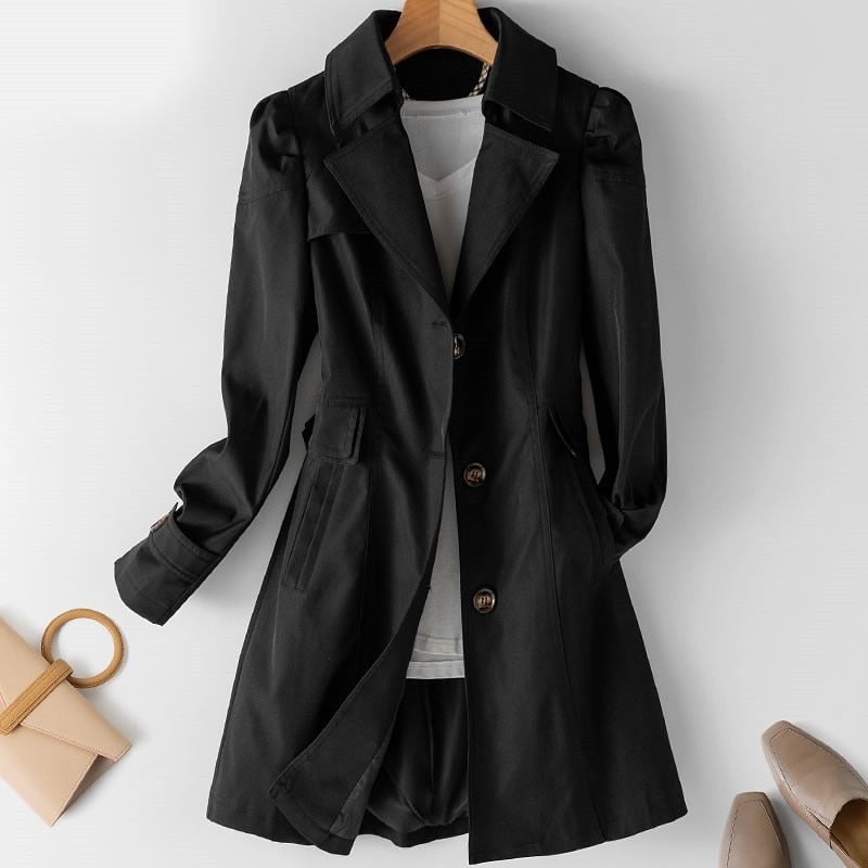 Dames Trenchcoat Halflang met Knopen en Omslagkraag Zwart