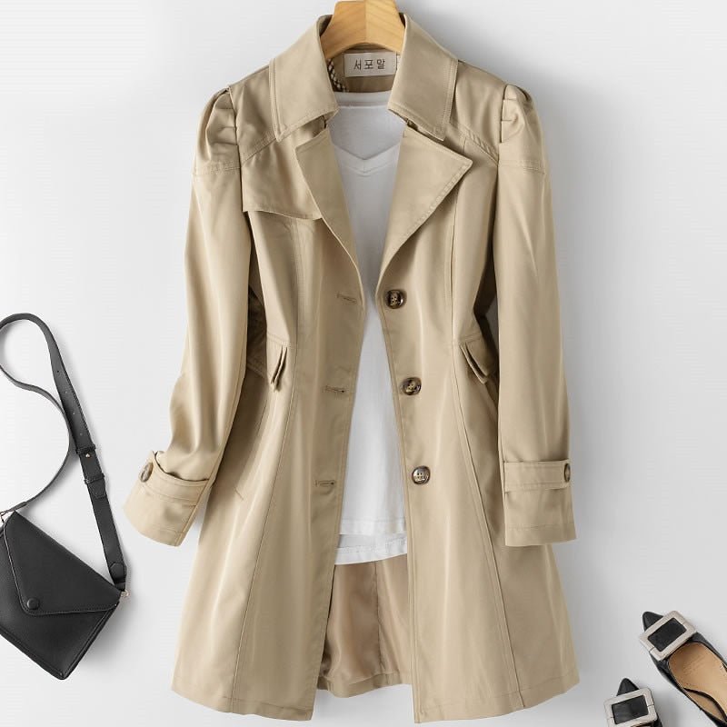 Dames Trenchcoat Halflang met Knopen en Omslagkraag Khaki