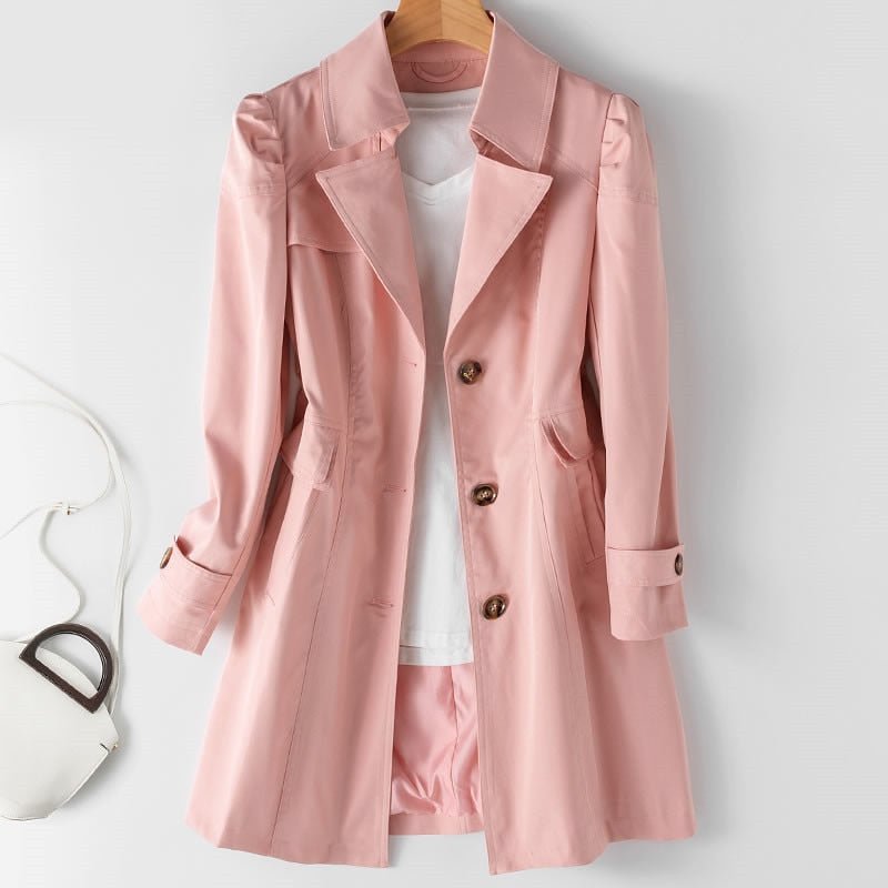 Dames Trenchcoat Halflang met Knopen en Omslagkraag Roze