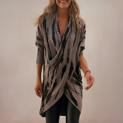 Dames Tunika met V-hals en Wikkelfront Lange Mouw met Abstracte Print Bruin