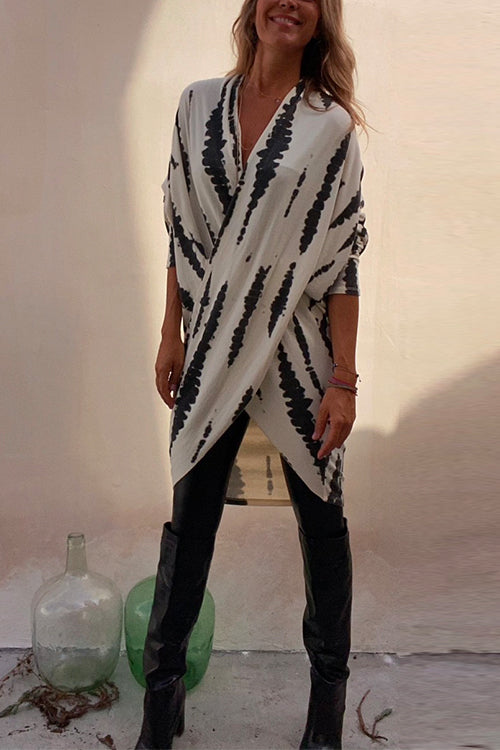 Dames Tunika met V-hals en Wikkelfront Lange Mouw met Abstracte Print Wit