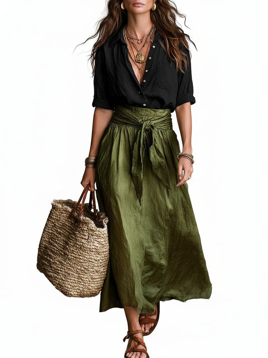 Dames Tweedelig Set Blouse en Maxi Rok met Hoge Taille en Strikceintuur