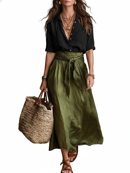Dames Tweedelig Set Shirt met Midi Rok en Strikceintuur High Waist