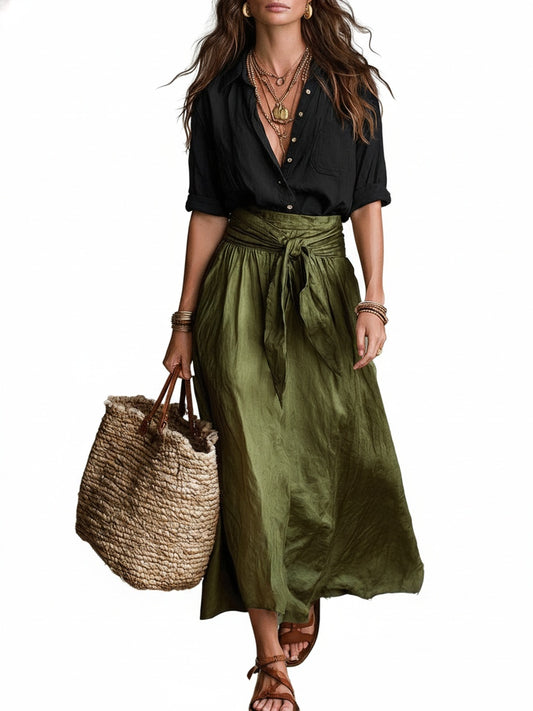 Dames Tweedelig Set Shirt met Midi Rok en Strikceintuur High Waist