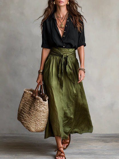 Dames Tweedelig Set Shirt met Midi Rok en Strikceintuur High Waist Zwart Groen