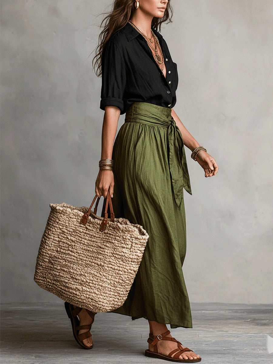 Dames Tweedelig Set Shirt met Midi Rok en Strikceintuur High Waist