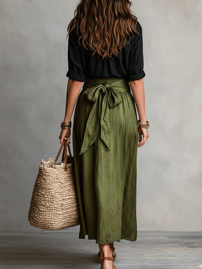 Dames Tweedelig Set Shirt met Midi Rok en Strikceintuur High Waist
