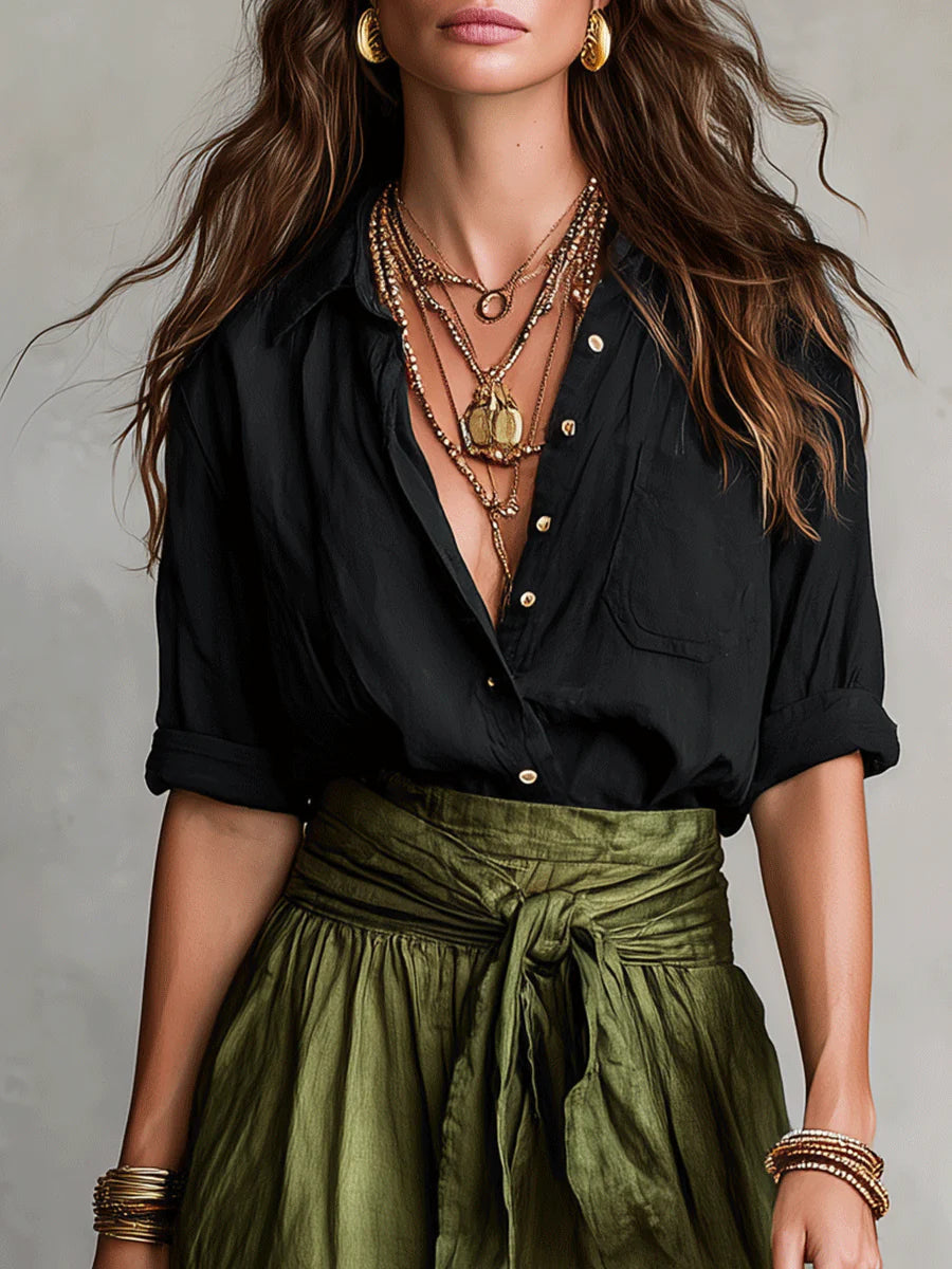 Dames Tweedelig Set Shirt met Midi Rok en Strikceintuur High Waist