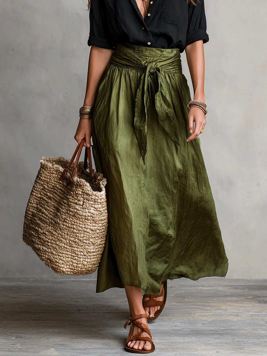 Dames Tweedelig Set Shirt met Midi Rok en Strikceintuur High Waist