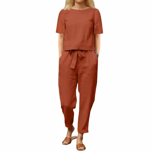 Dames Tweedelig Setje met Crop Top Korte Mouw en Broek met Strikdetail