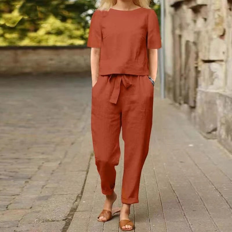 Dames Tweedelig Setje met Crop Top Korte Mouw en Broek met Strikdetail Terracotta