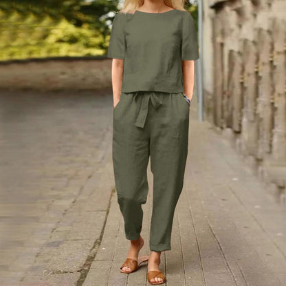 Dames Tweedelig Setje met Crop Top Korte Mouw en Broek met Strikdetail Groen