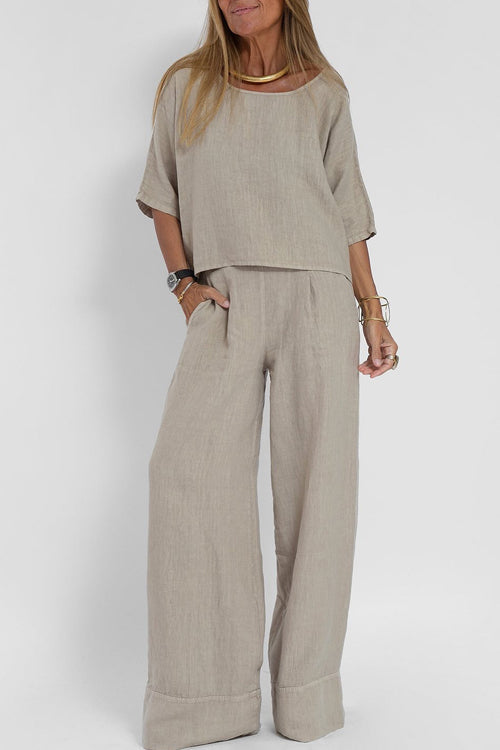 Dames Tweedelige Set Cropped Top met Ronde Hals en Wijde Broek Grijs