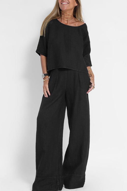 Dames Tweedelige Set Cropped Top met Ronde Hals en Wijde Broek Zwart