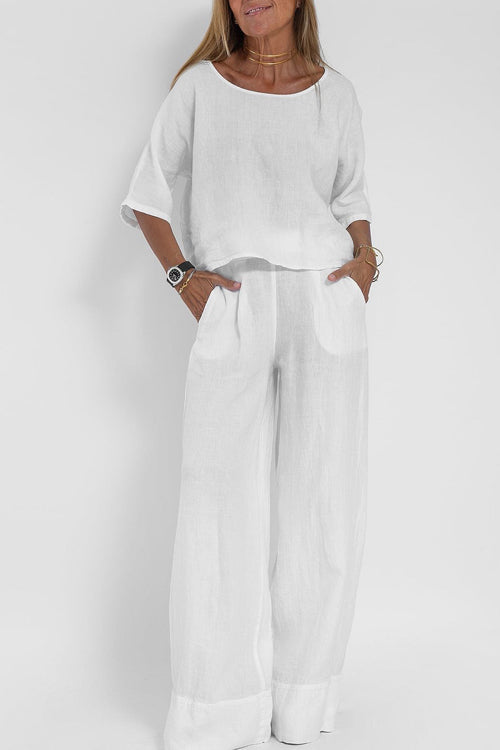 Dames Tweedelige Set Cropped Top met Ronde Hals en Wijde Broek Wit