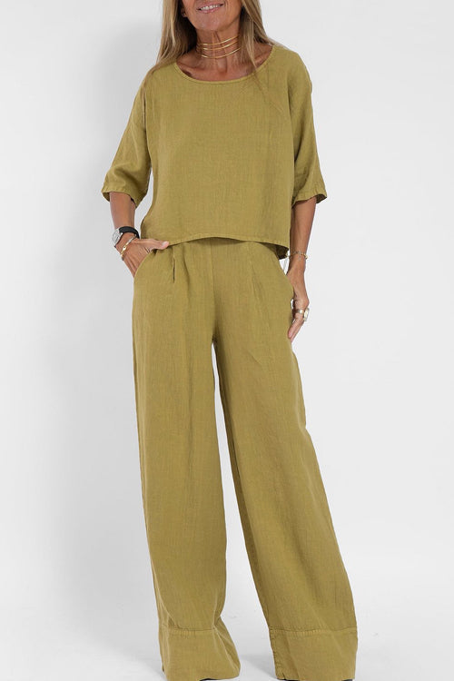 Dames Tweedelige Set Cropped Top met Ronde Hals en Wijde Broek Khaki