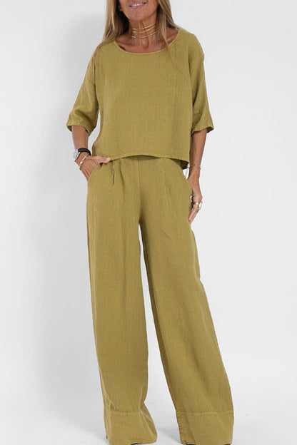 Dames Tweedelige Set Cropped Top met Ronde Hals en Wijde Broek Khaki