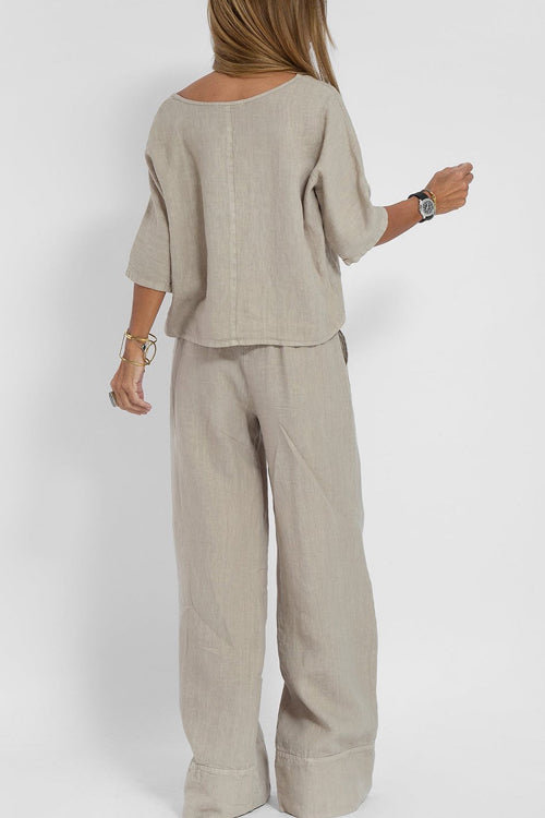 Dames Tweedelige Set Cropped Top met Ronde Hals en Wijde Broek